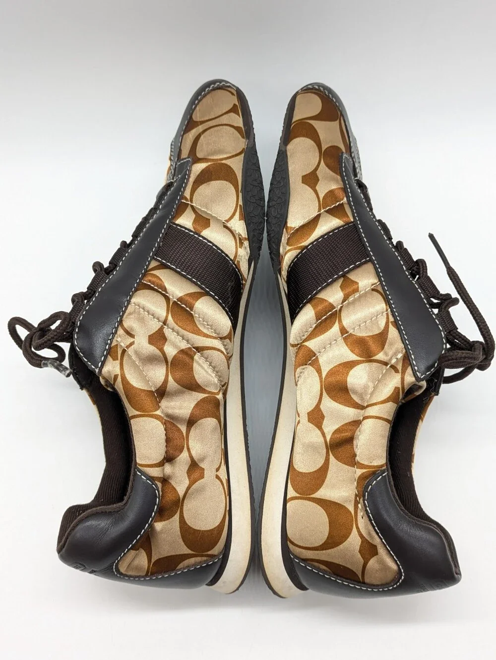 Coach Kirby Y2K Brown Tan Sateen Logo Print Lace Up Shoe 8.5